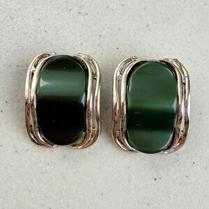Vintage Rectangle Wave Earrings 1970s Gold Tone Metal & Green Acrylic Clip Ons